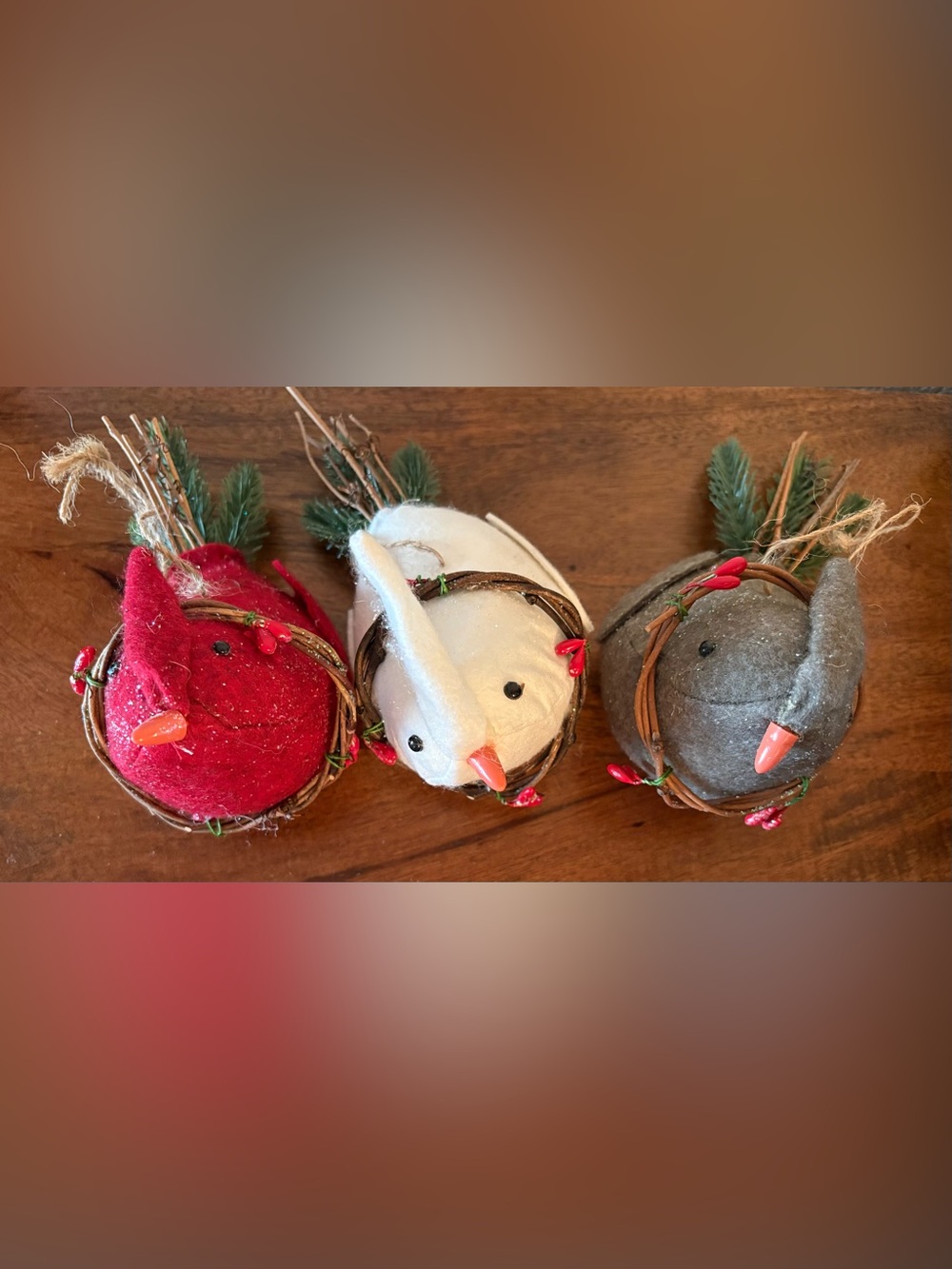 Felt Bird Ornament Set with Twig Wreath and Red Berry Accents